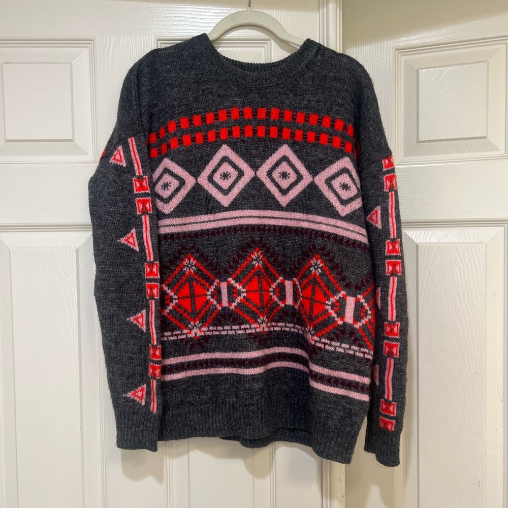 J. Crew Abstract Fair Isle Tribal Pullover Sweater Size Medium Wool Mohair Blend - Picture 2 of 10
